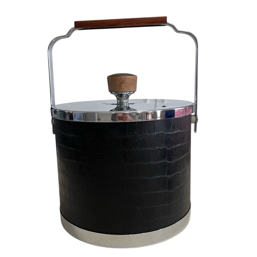 Vintage MCM Atapco Black and Silver Ice Bucket Faux Alligator Leather Pattern